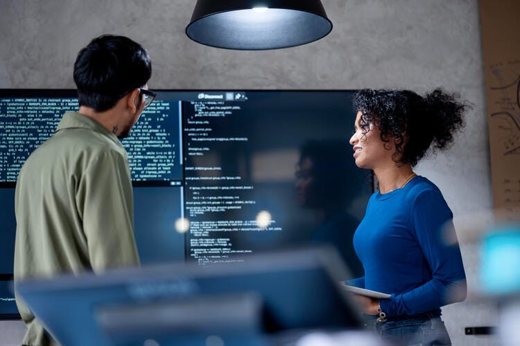 a man and a woman talking