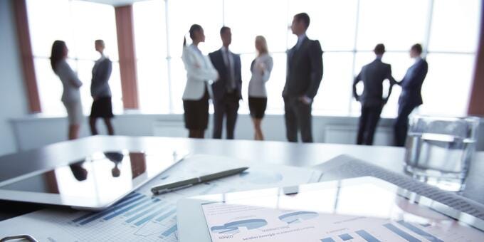 a group of people standing in a room